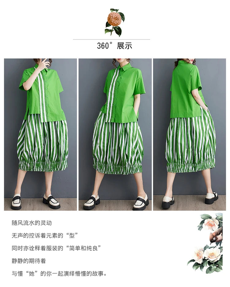 Summer Striped Print 2 Two Piece Set Women Irregular Patchwork Fashion Ladies Cropped Shirts Loose Casual Pleated Woman Skirts Viralgem Store
