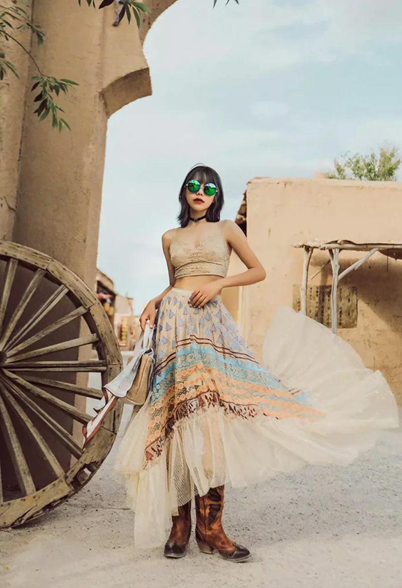 Women‘s Travel Holiday Wear Bohemian Colorful Embroidery Lace Ruffles Skirt Asymmetrical Hem Skirt Female Shiny Gold Mesh Skirts