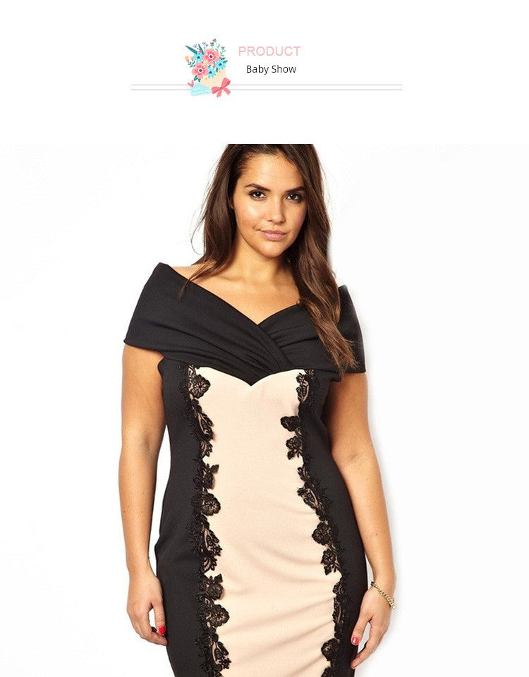 Spring and Summer New Arrival Fashion Plus Size Plus Size Ladies off-Shoulder Fancy Banquet Skirt Lace Patchwork Loose-Fit Short Dress