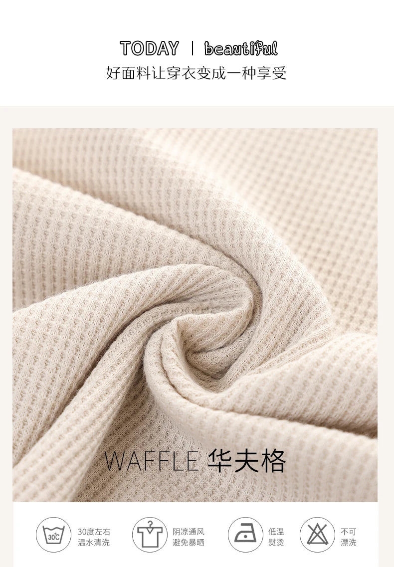 SUKAE Waffle Cotton Korean Minimalist Style Women Pajamas Spring Autumn Long Sleeves Lady Sleepwear Kawaii Round Neck Homesuits