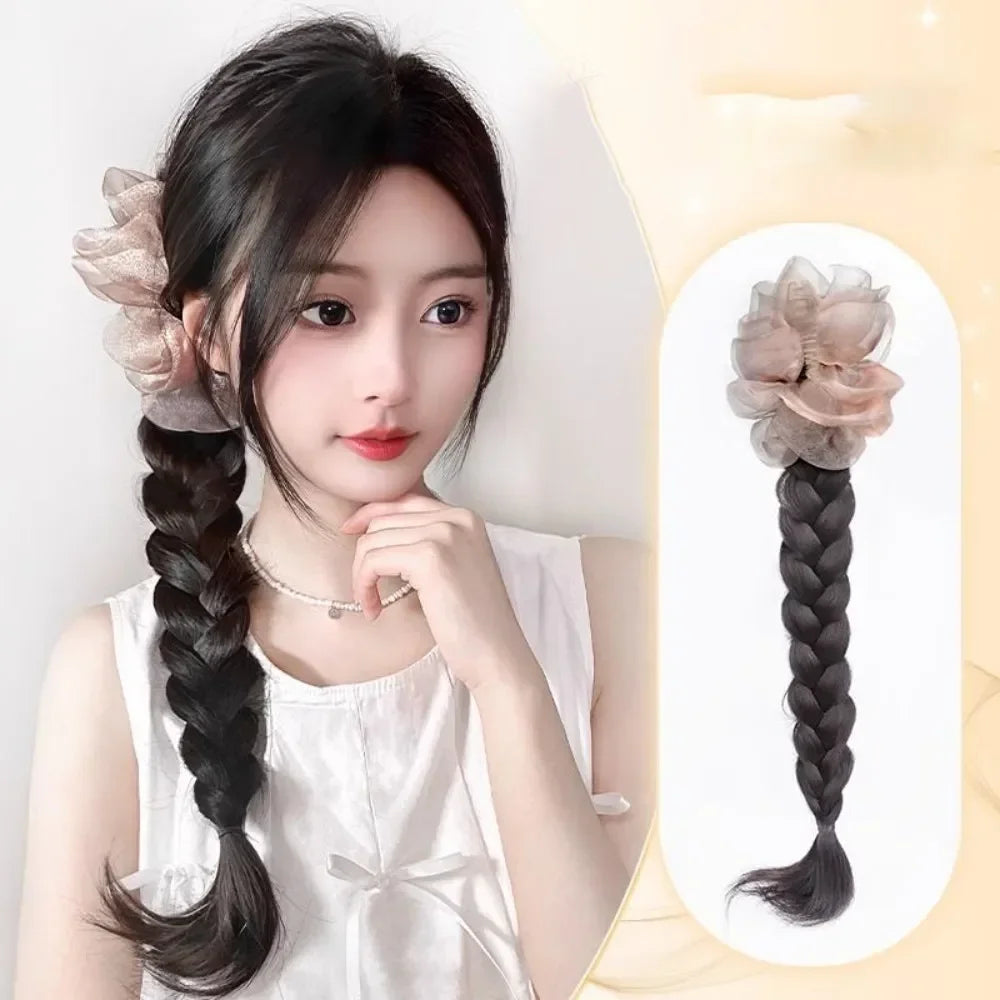 Synthetic Fashion Female Simulated Ponytail Braid Wig Bowknot Mesh Clip Natural Fluffy Fried Dough Twists Braid Viralgem Store