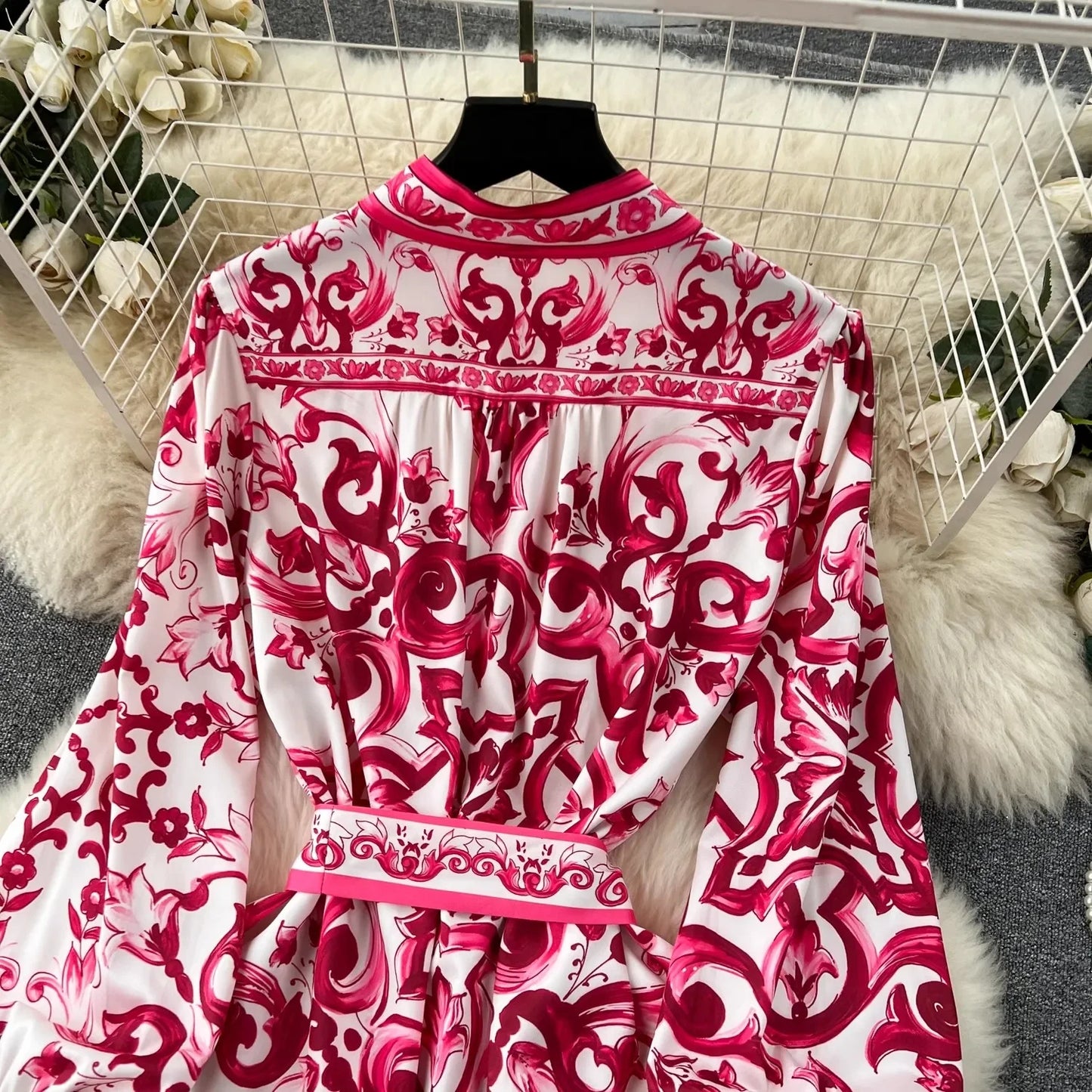 TRAF Runway Blue And White Porcelain Print Holiday Maxi Dress Women's Stand Single Breasted Loose Lace- Up Long Robe Vestido