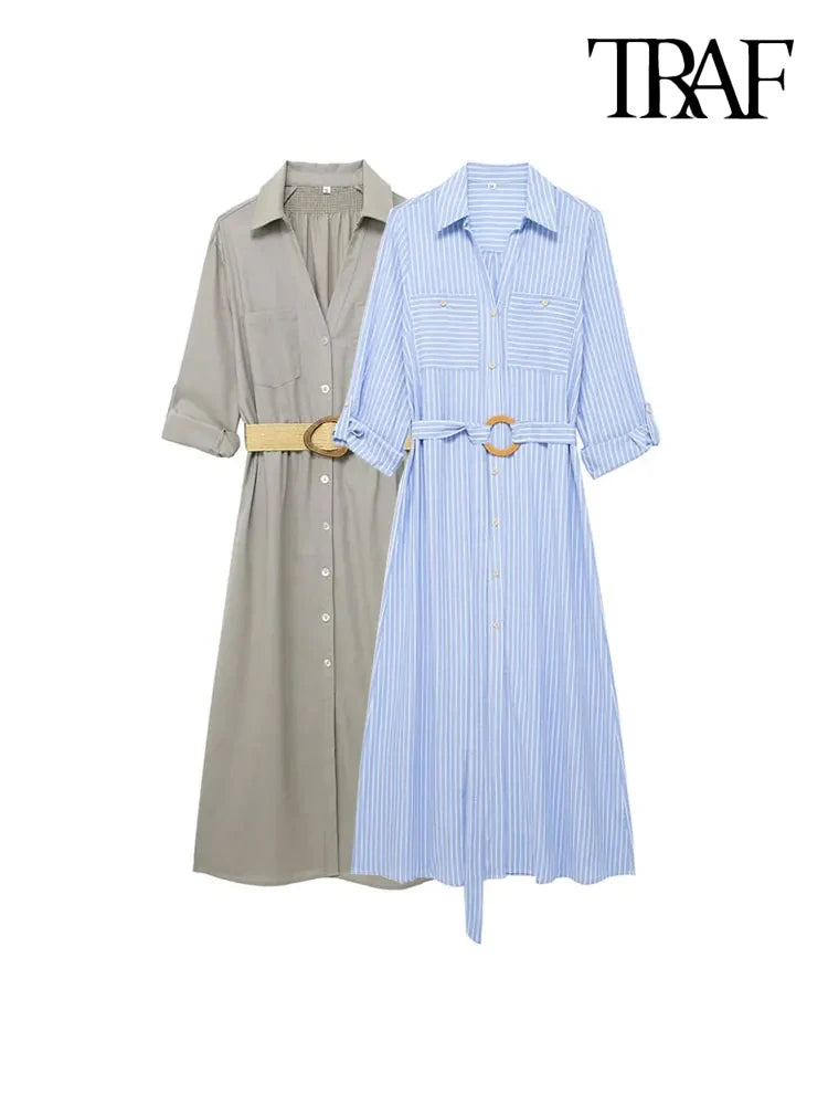 TRAF Women Fashion With Belt Front Patch Pockets Midi Shirt Dress Long Turn-up Sleeves Button-up Female Dresses Mujer