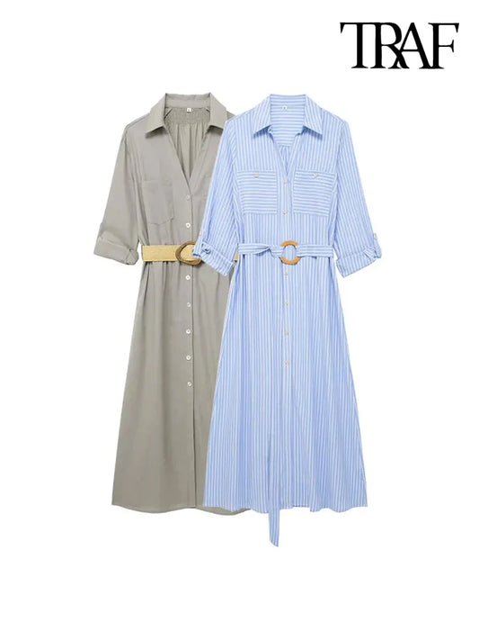 TRAF Women Fashion With Belt Front Patch Pockets Midi Shirt Dress Long Turn-up Sleeves Button-up Female Dresses Mujer