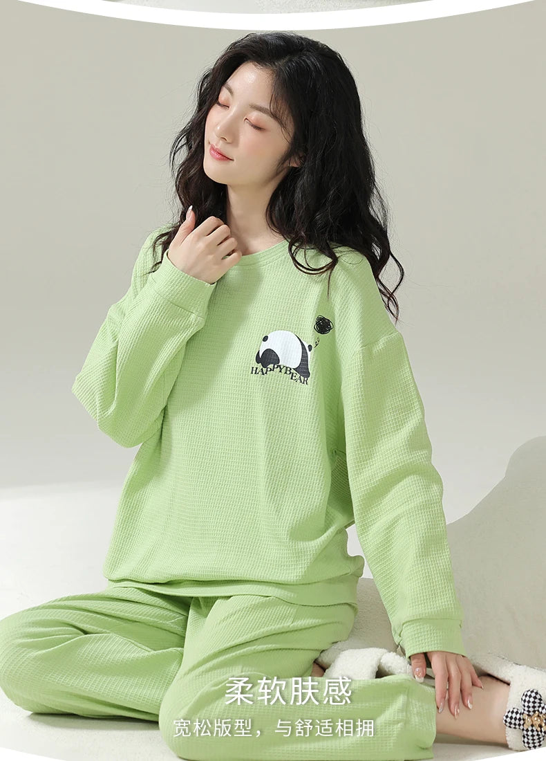 SUKAE Waffle Cotton Korean Minimalist Style Women Pajamas Spring Autumn Long Sleeves Lady Sleepwear Kawaii Round Neck Homesuits