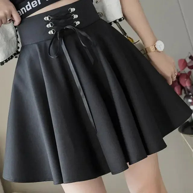 Women's Basic Versatile Flared Casual Mini Skater Skirt High Waisted School Goth Punk Black Skirt Harajuku