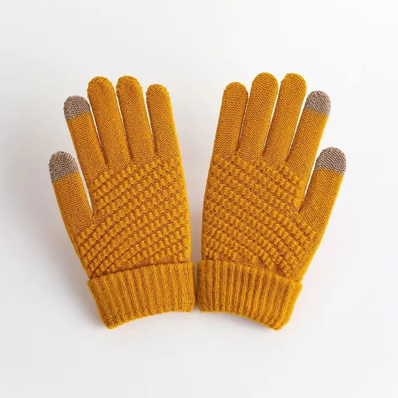Women Gloves Knitted Solid Autumn Winter Hand Warmer Thicken Lining Skiing Short Wrist Female Full Fingered Mittens