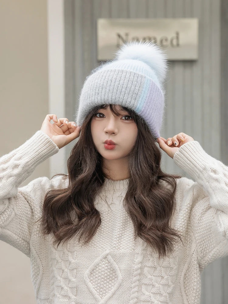 2024 New Rabbit Fur Beanies Soft Warm Fluffy fur pompom Winter Hat for Women Angora Knitted Hat Skullies Female Bonnet Knit Cap Viralgem Store