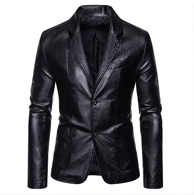 2024 New Men Business Casual Leather Jacket Black / khaki Fashion Male Suit Collar Coats Large Size 5XL Slim Fit Top