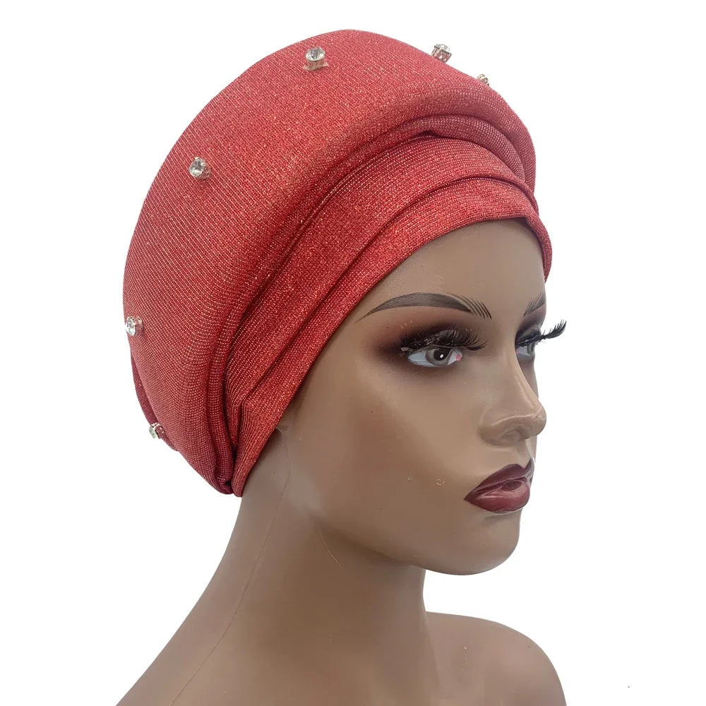 African Wrap Head Headgear Nigeria Auto Gele Headtie Turbante Mujer Luxury Rhinestone Turban Hat for Women Glitter