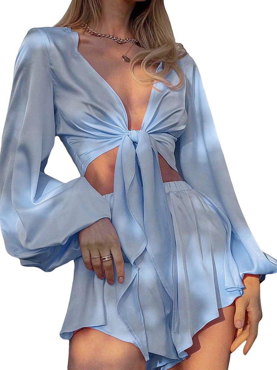 Women s Two Piece Outfits Low Cut Tie Front Pajamas Set Summer Long Sleeve Shorts Loungewear Set Viralgem Store