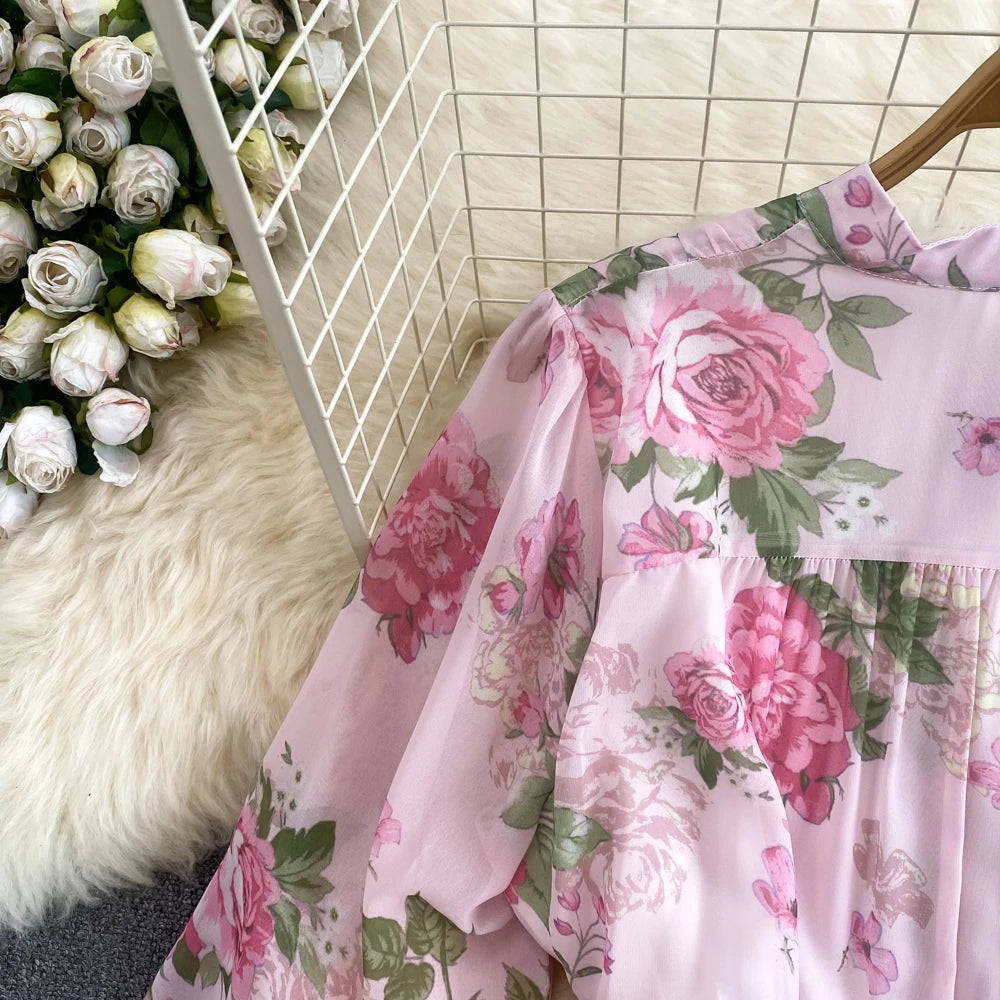 Spring Autumn Women Floral Chiffon Long Dress Vintage Purple/Pink/Black/Beige Stand Collar Single Breasted Maxi Robe Elegant New Viralgem Store