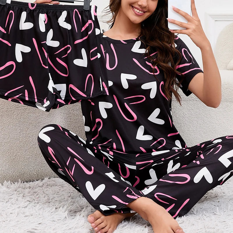 3-Piece Women's Checkered Printing Pajamas Set Soft & Comfy Crew Neck Tee Elastic Shorts & Lounge Pants Sleepwear Home Clothing