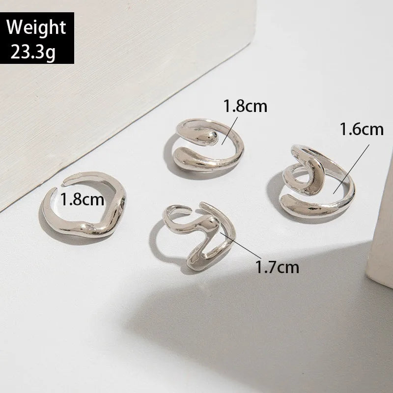 4Pcs/Set Fashion Silver Color Irregular Geometric Open Rings For Women Men Punk Metal Adjustable Knuckle Joint Ring Jewelry Gift
