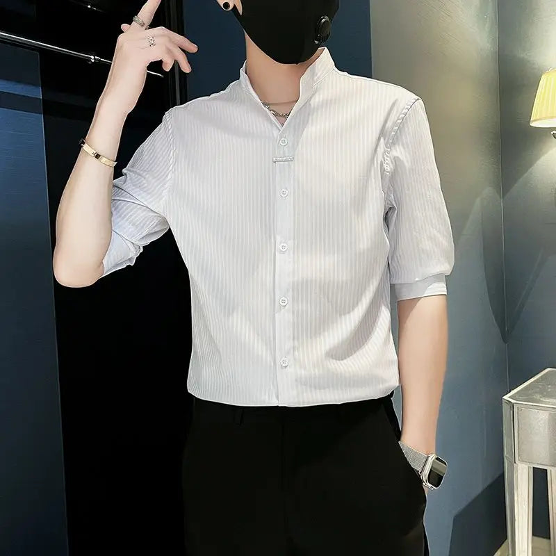 Striped Shirt 2025 New Men Summer Casual Thin Stand-up Collar Cardigan Five-sleeved Top Freshlook Styles
