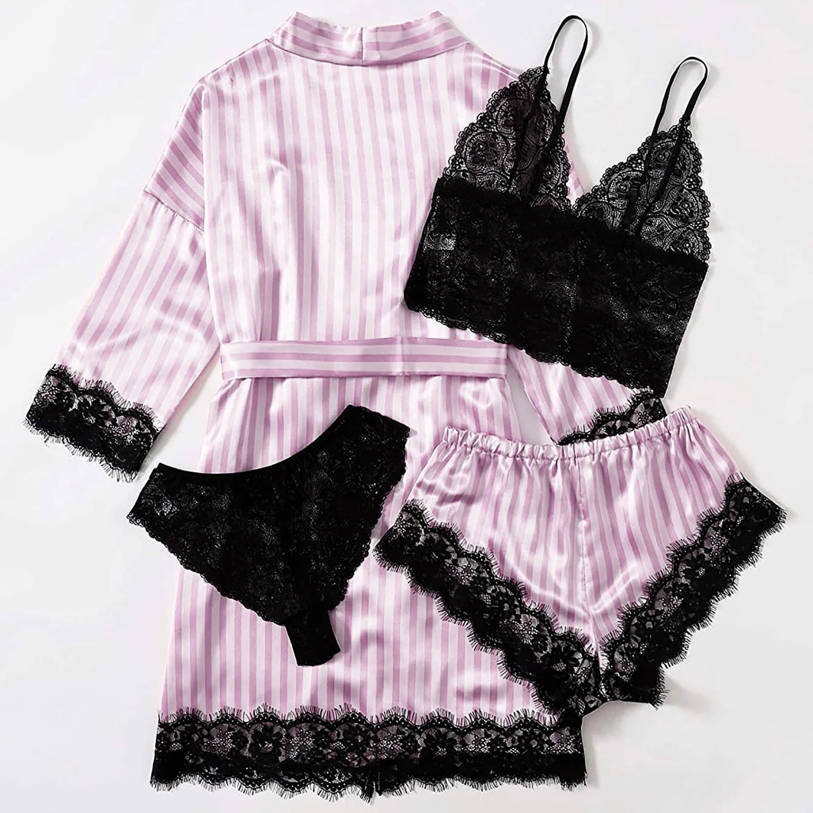 2023 Women Pajamas Sets Satin Sleepwear Silk 4 Pieces Nightwear Pyjama Strap Lace Sleep Lounge Pajama with Chest Pads Gifts Viralgem Store