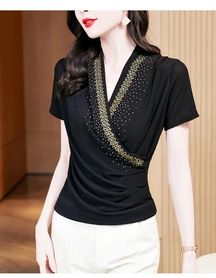 Summer Women's Short Sleeve T-shirt V-neck Korean Version Fashion Tops Female Shinning Ringstones Mesh Slim T Shirt