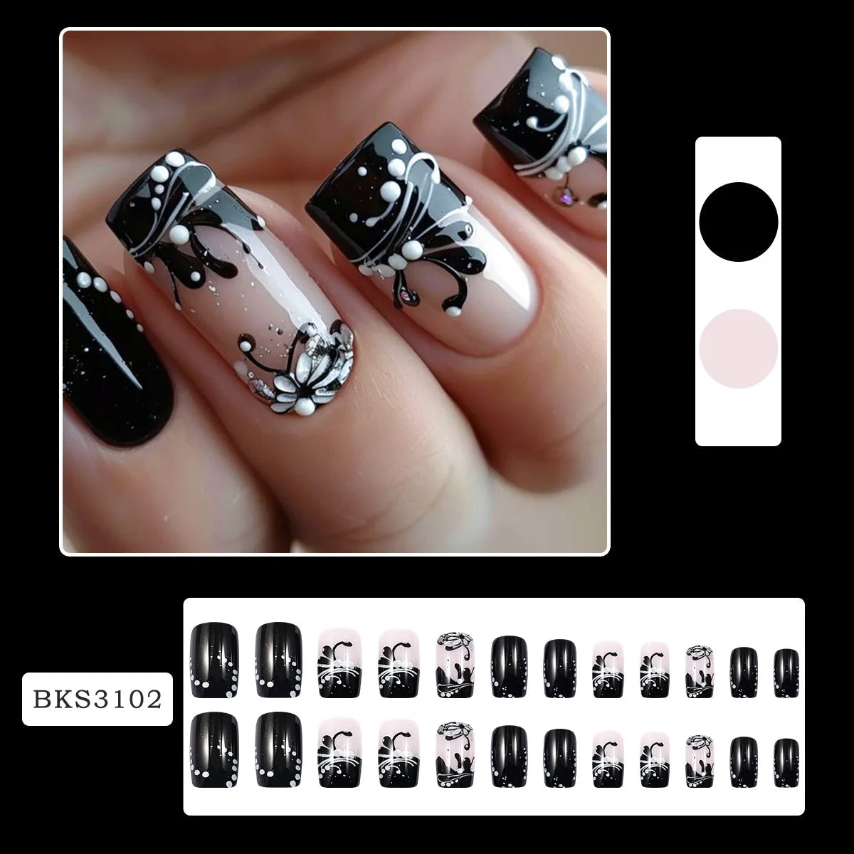 24Pcs Short Square Sweet Cool False Nails Black Flower Wearable French Nails Press on Detachable Autumn Winter Acrylic Nail Tips Viralgem Store