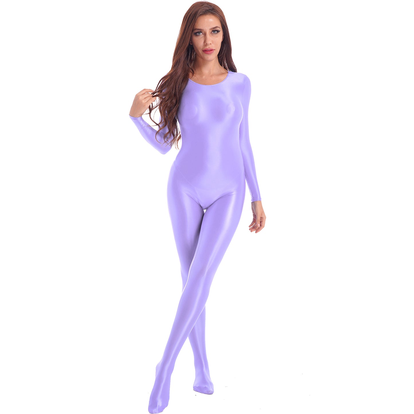 Womens Oil Glossy Bodysuit One Piece Swimwear Long Sleeve Teddies Stretchy Jumpsuit Bodystocking Rave Party Clubwear Swimwear
