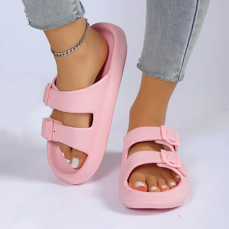 Summer Slippers Double Buckle Slide Sandals Women Couple Home Slides EVA Thick Sole Light Weight Flip Flops Bothe Shower Shoes Viralgem Store