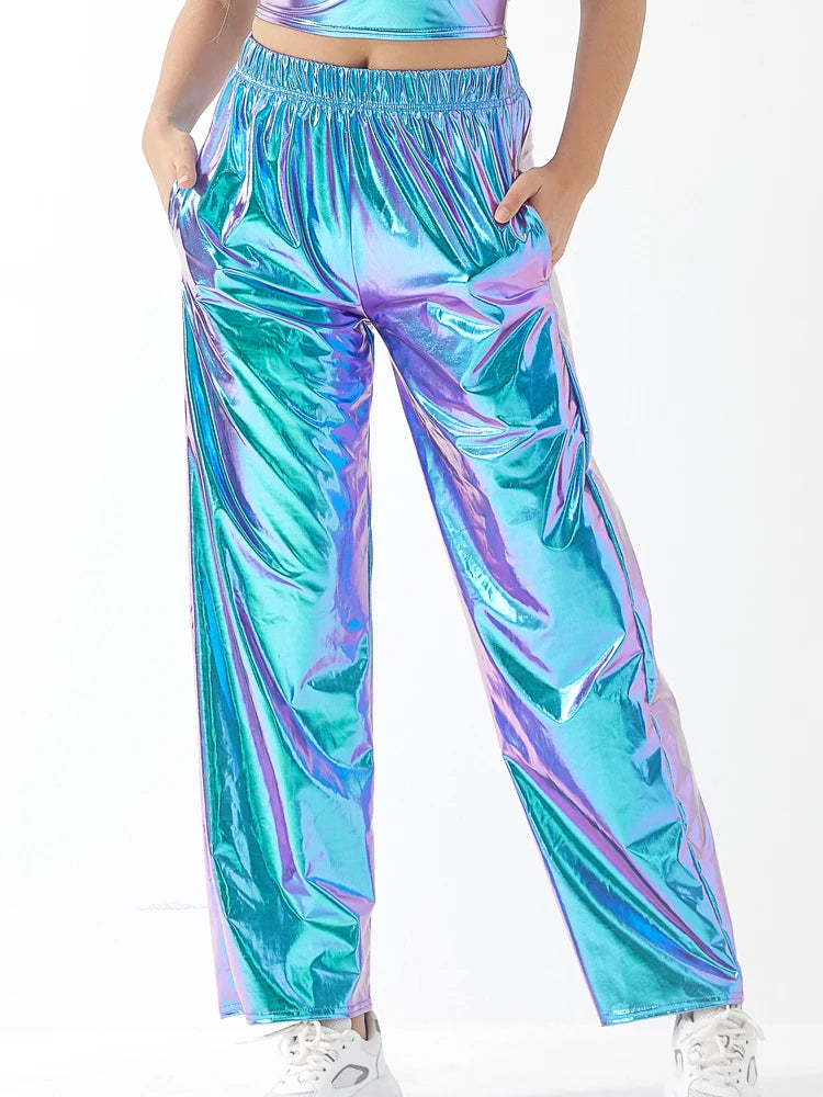 Women Adult Shiny Straight Leg Pants Casual High Waist Metallic Pants Super Long Holographic Pants Disco Bottoms Viralgem Store