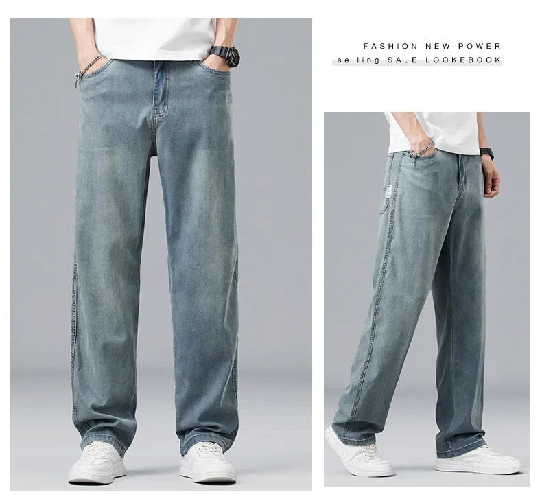 2025 New Summer Ultra-thin Lyocell Men's Jeans Drape Soft Fabric Loose Straight Casual Denim Pant Elastic Ice Silk Male Trousers