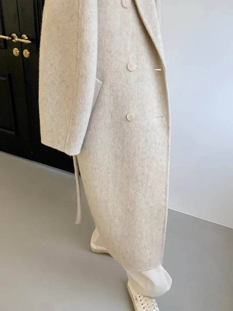 2024 Autumn Winter Wool Coat Women Double-breasted Solid Color Women's Double-sided Woolen Belt Coats Loose Warm Wool Jacket
