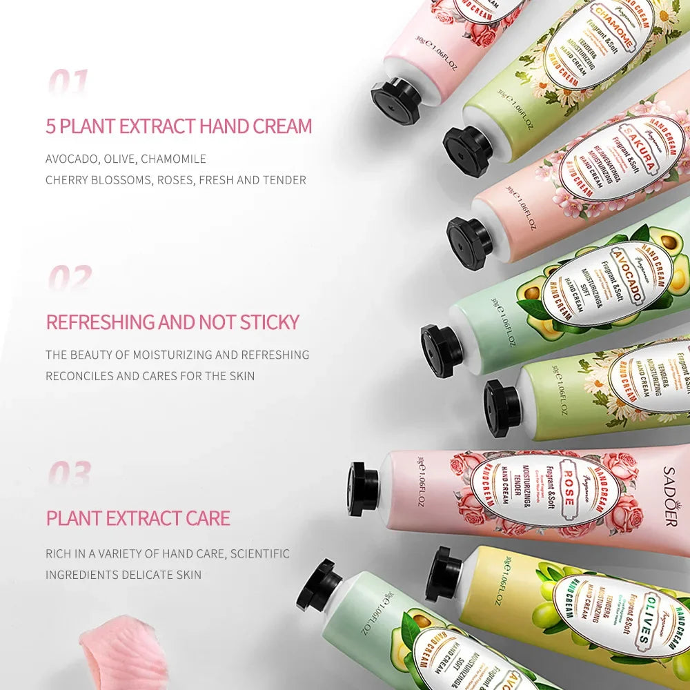 5Pcs/set SADOER Fruit Plant Fragrance Hand Cream Sets Moisturizing Repair Anti Dry Hand Lotion Sets Hands Skin Care Products Viralgem Store