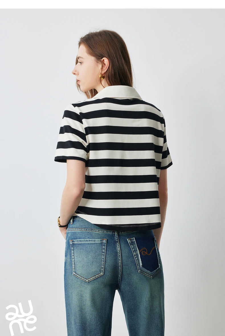 TOYOUTH Women Letter T-shirt 2024 Summer New POLO Collar Top Viralgem Store