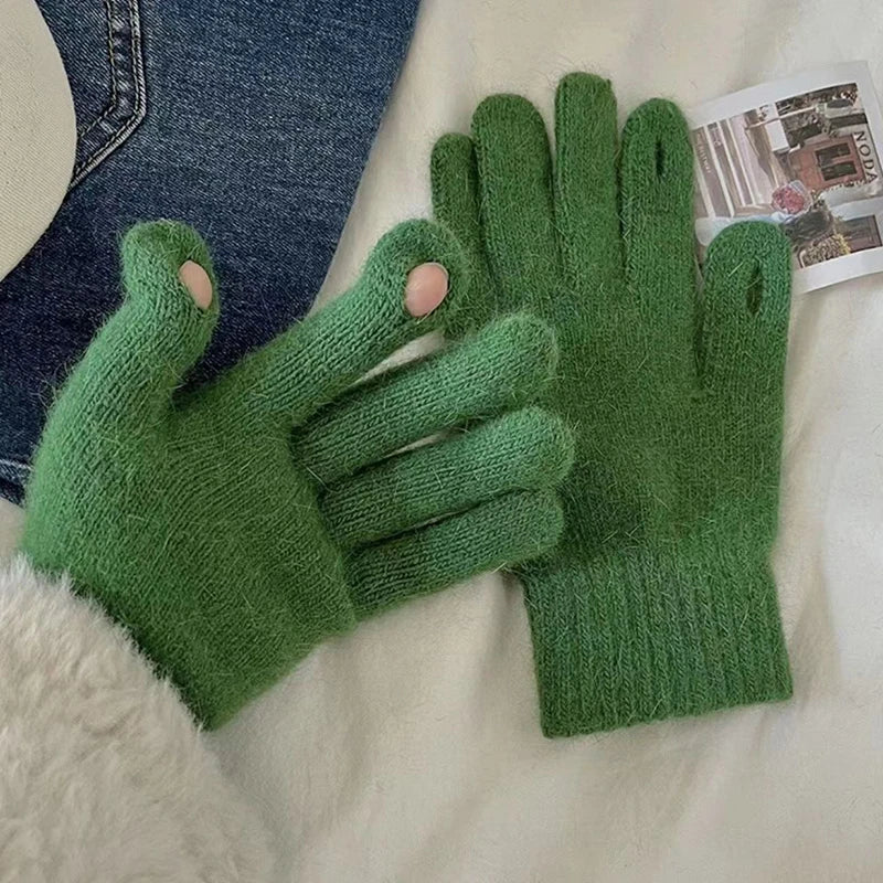 1Pair Autumn Winter Warm Gloves Wool Knitted Touchscreen Gloves Full Finger Mittens Outdoor Skiing Ride Casual Windproof Guantes