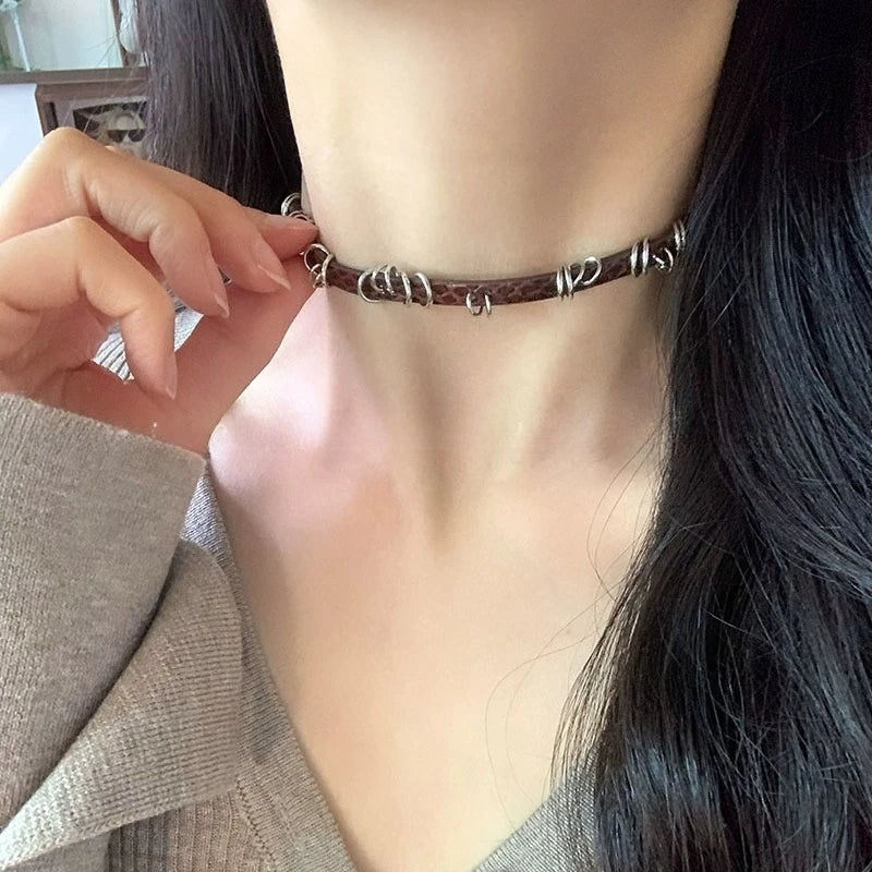 Vintage Chain Necklace for Women Fashion Y2K Punk Pu Leather Choker Collar Chain Jewelry Goth Cool Stuff Couple Accessories Viralgem Store