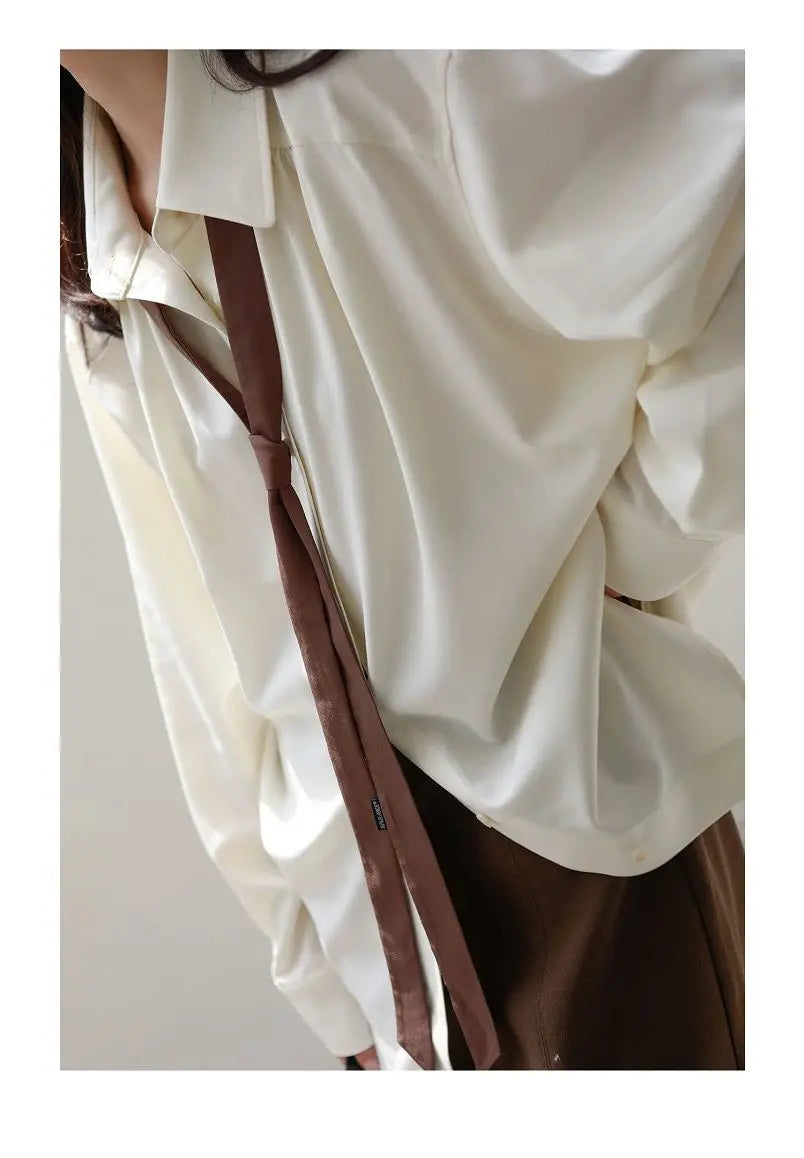 2025 Summer Minimalist Long Sleeve Button Up Shirt Women Korean Style Solid Tie Oversize Shirts Blouse Loose Clothes Autumn Tops