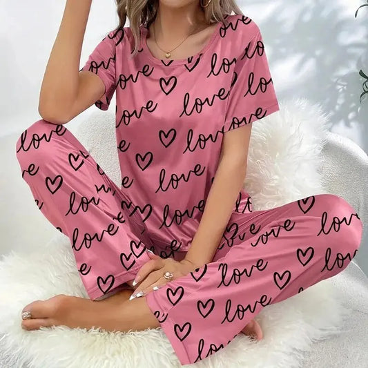Summer Pijama Women Letter Print Pajamas Set Short Sleeve Crew Neck Tops Elastic Waistband Pants Women's Sleepwear Loungewear Pj