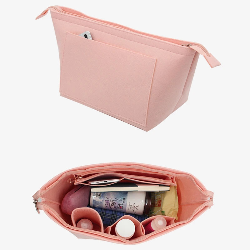 Women Make Up Organizer Felt Insert Bag with Multiple Pockets Travel Handbag Large Liner Cosmetic Bags Fit Longchamp Bag