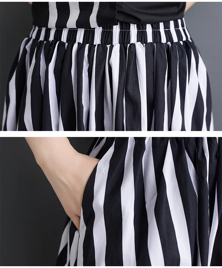 Summer Striped Print 2 Two Piece Set Women Irregular Patchwork Fashion Ladies Cropped Shirts Loose Casual Pleated Woman Skirts Viralgem Store