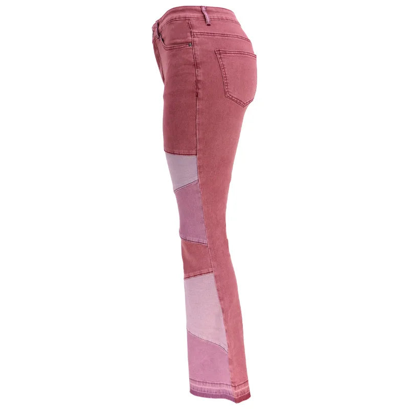 Women Flare Jeans Casual Pants Pannelled Collision Fashional High Waist Fit Female High Quality 91Y35
