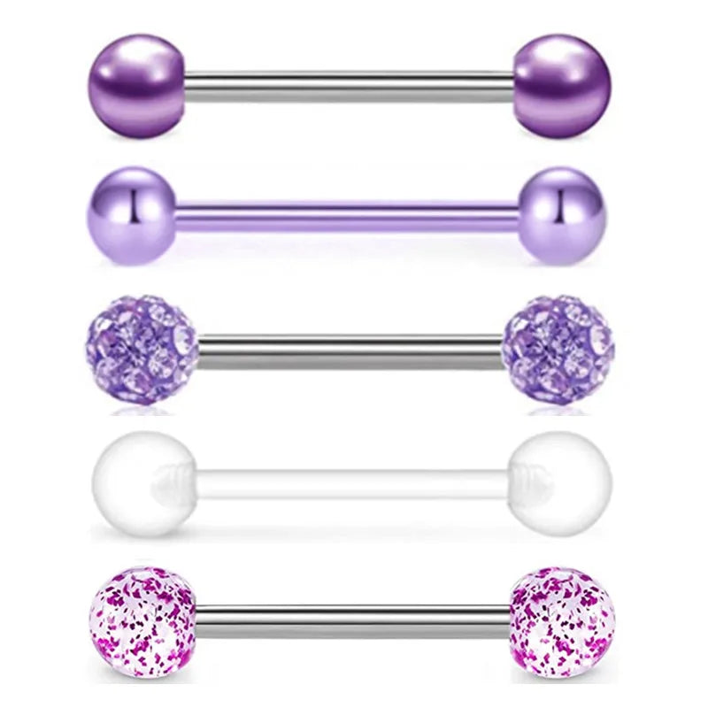 5PCS Acrylic Tongue Piercing Barbell Set Stainless Steel Glitter Tongue Rings Lot 14G Nipple Piercing Bar Bulk Piercing Langue