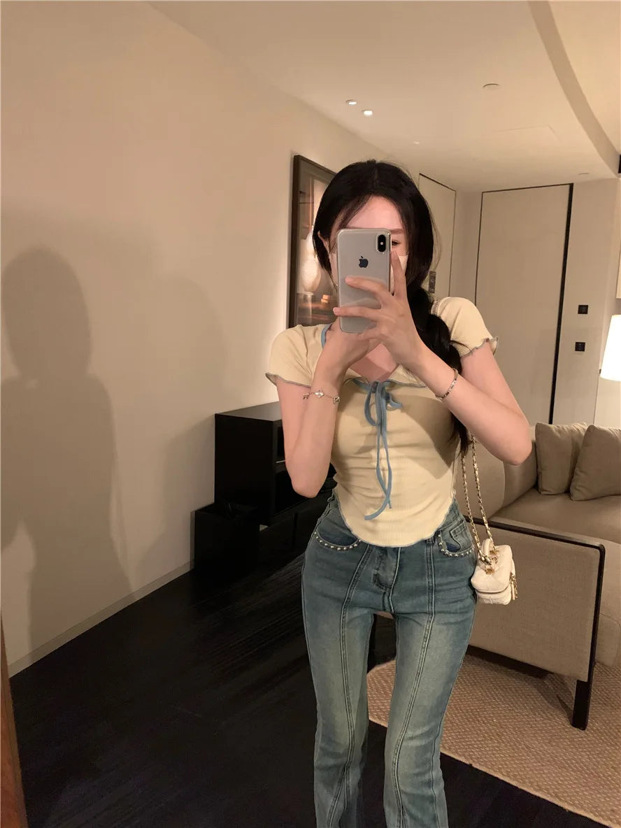 Sweet Spicy Girl Style Tie Straps V-neck Women's Knitted T-shirt Show Slim Figure Short Sleeved Tops Youth Elegant