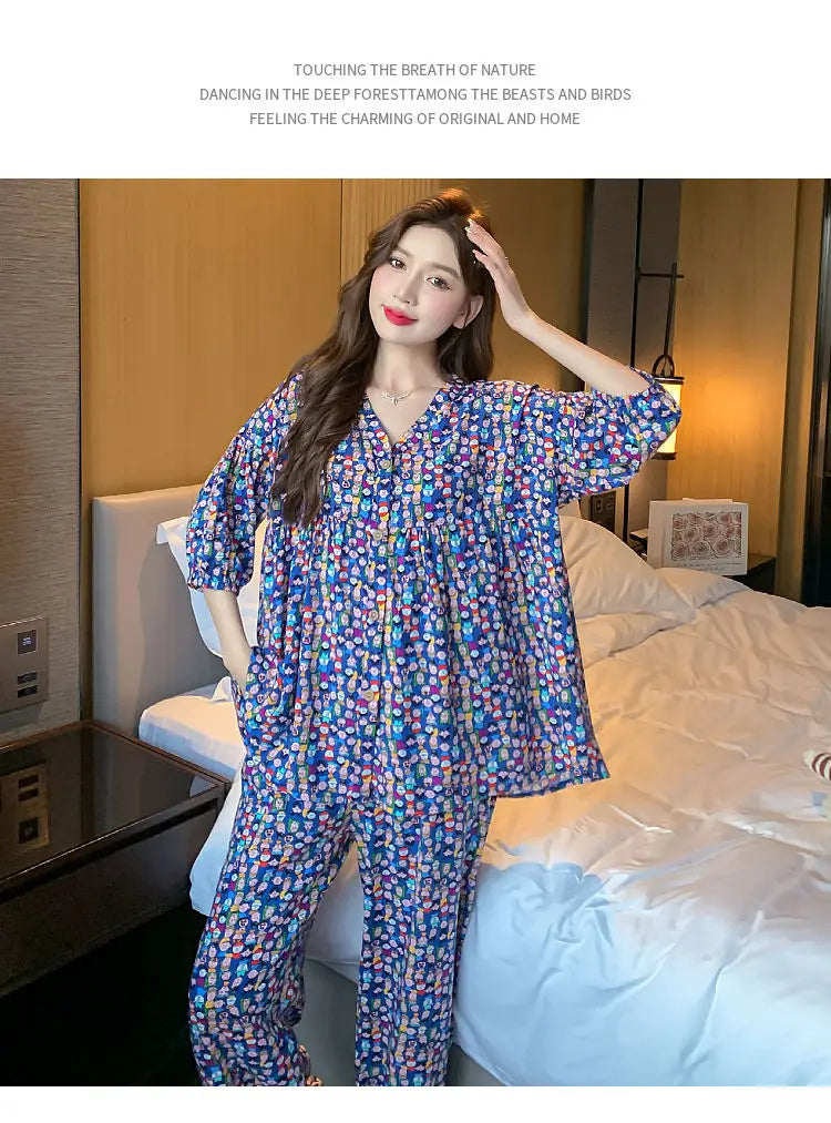 2023 New Cotton Silk Summer Pajamas Suit Plus Size Loose Ladies Home Clothes Two-piece Casual Style Thin