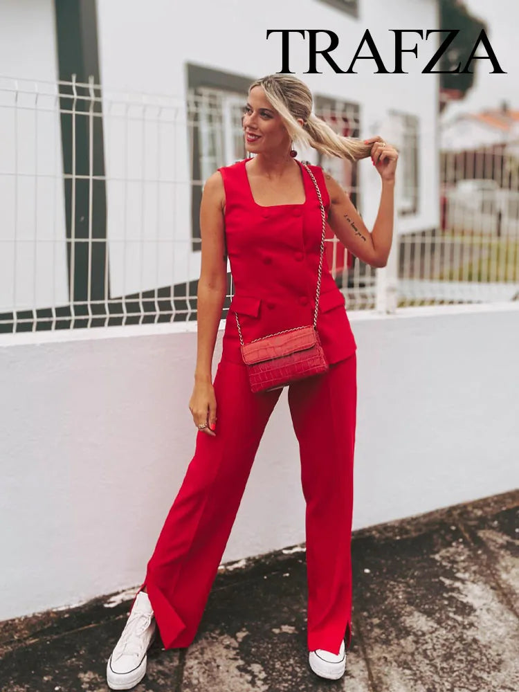 TRAFZA Women Fashion Suits Square Neck Sleeveless Double Breasted Waistcoat Top+Mid-Waist Slit Stralght Pants Female Summer Sets