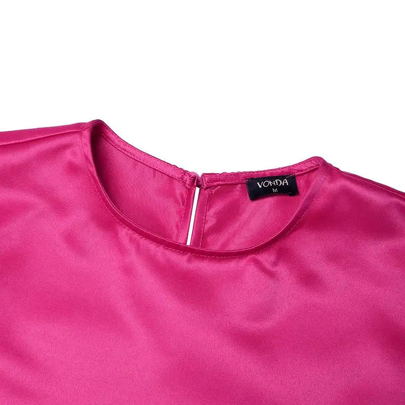 VONDA Plus Size 5XL Elegant Satin Summer Midi Dress 2024 Women Short Sleeve Vestidos Casual Belted Loose Solid Color Long Robe