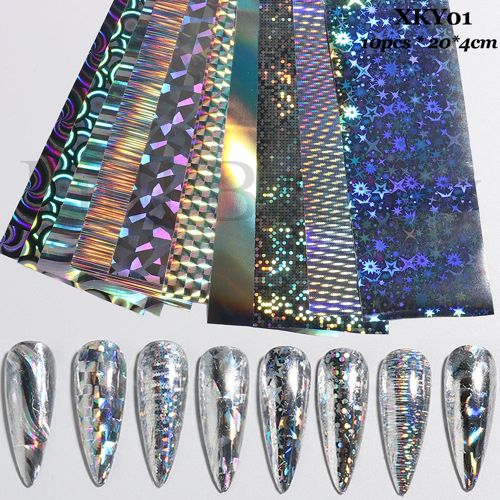 10Pcs Hologram Transfer Foil Nails Laser Stars Holographic Nail Stickers Mermaid Tail Sliders Metallic Gel Polish Wraps NLXKY01