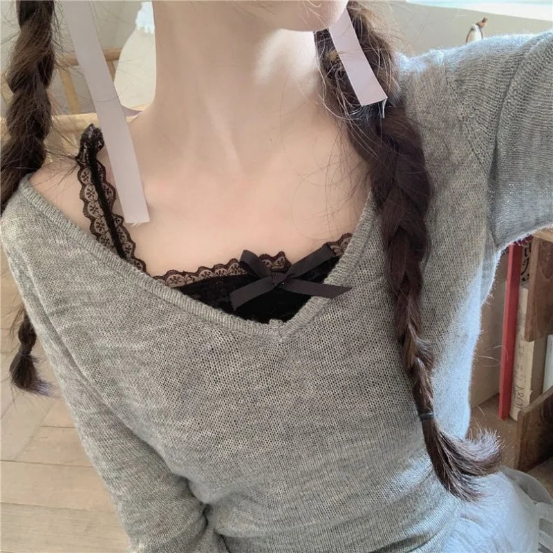 2023 Ropa Mujer Sweet Crop Tops Women's Clothing Bow Lace Sling Vest Tunic Fashion Korean Tanks Summer Sexy Cute Y2k Top 7j530