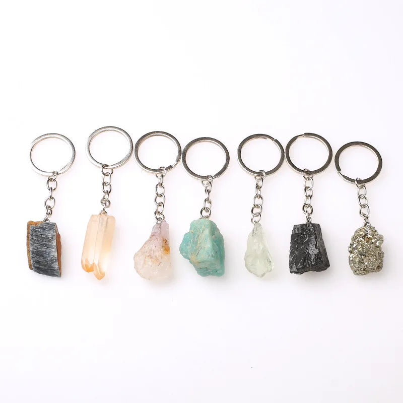 20pcs Natural Rough Raw Stone Crystal Quartzs Keychain Women Men Handbag Hangle Car Key Holder Raw Mineral Stone KeyRing Jewelry Viralgem Store