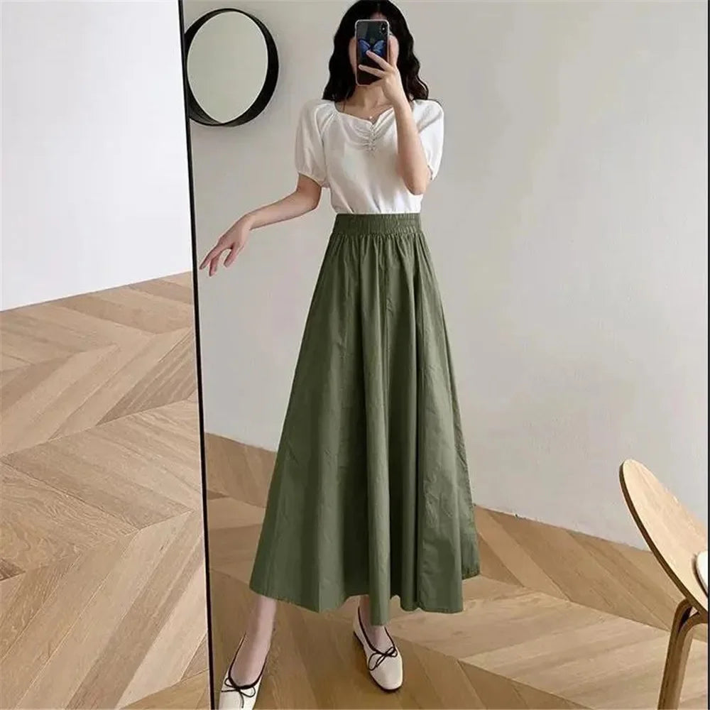 Spring Summer Autumn Elastic High Waist Loose Women All-match Midi Skirt Female Long Skirt Student Teenage Girls A-line Skirts