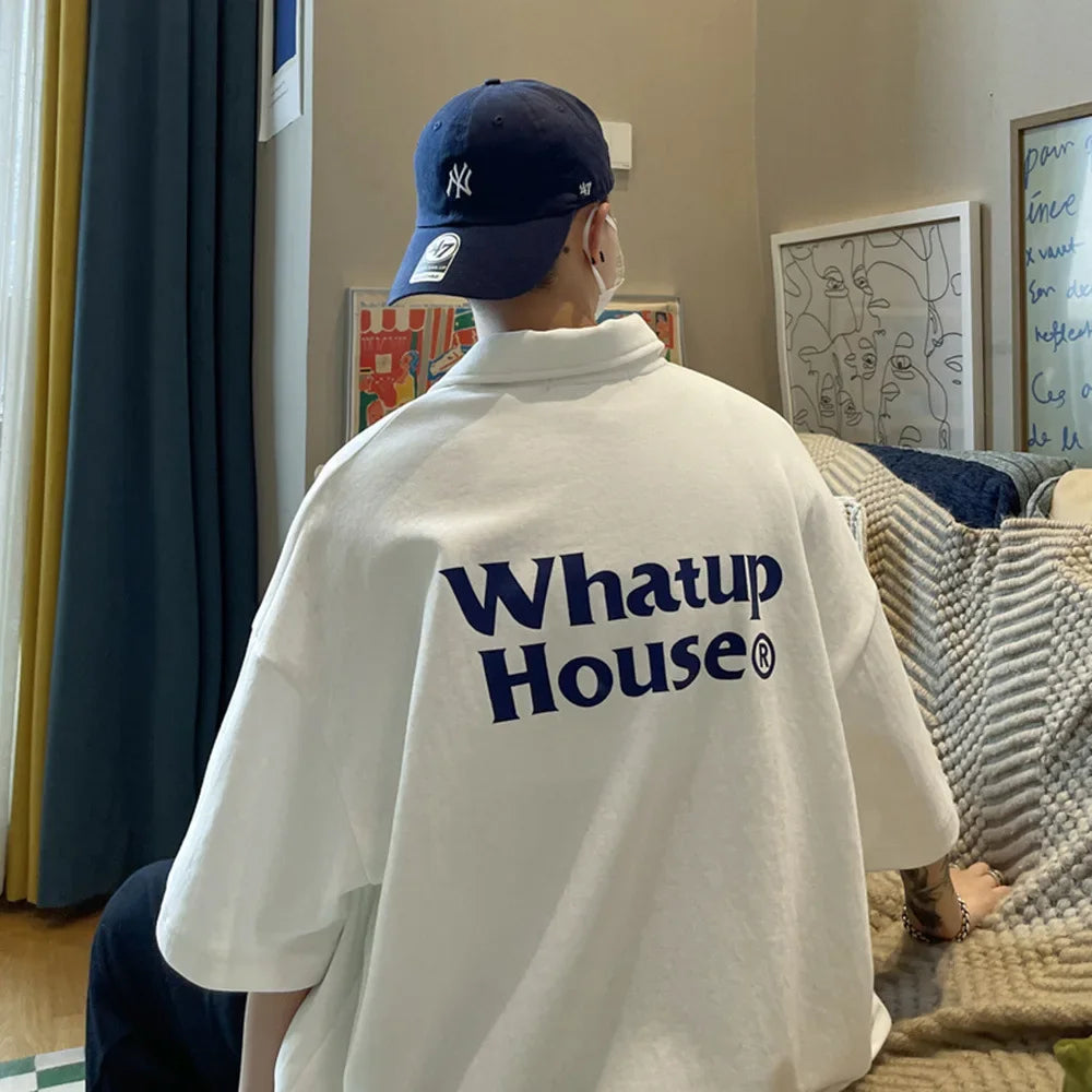 Trendy Polo Shirt Loose Fit Casual Men's Lapel Top Hk Style Hip Hop Short Sleeve T-shirt Fashion Outerwear