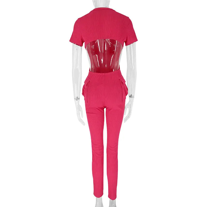 Spring New Women's Jumpsuits Sexy Sweet Pink Hollow Out Jumpsuit Streetwear Fashion Pockets Short Sleeve Female Elegant Rompers Viralgem Store