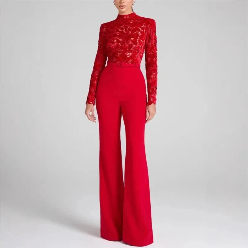 Embroidery Lace Red Jumpsuits Women Sexy Slim Long-sleeved Belt High Waist Jumpsuit Female 2025 Casual Lady Party Rompers Viralgem Store