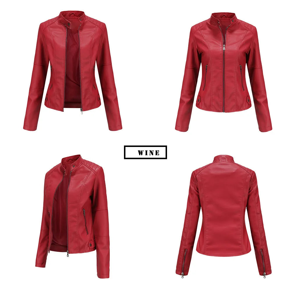 Women Moto Biker Zipper Jacket 2024 Faux Leather Jacket Women Spring Autumn Coat Black Brown Red Purple Navy Coffee Black XS 4XL Viralgem Store