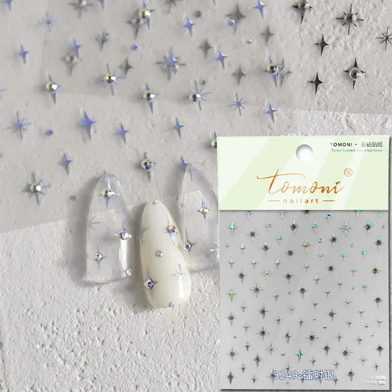 5D Laser Star Moon Snowflake Shiny Rhinestone Embossed Relief Self Adhesive Nail Art Decoration Sticker Manicure Decals